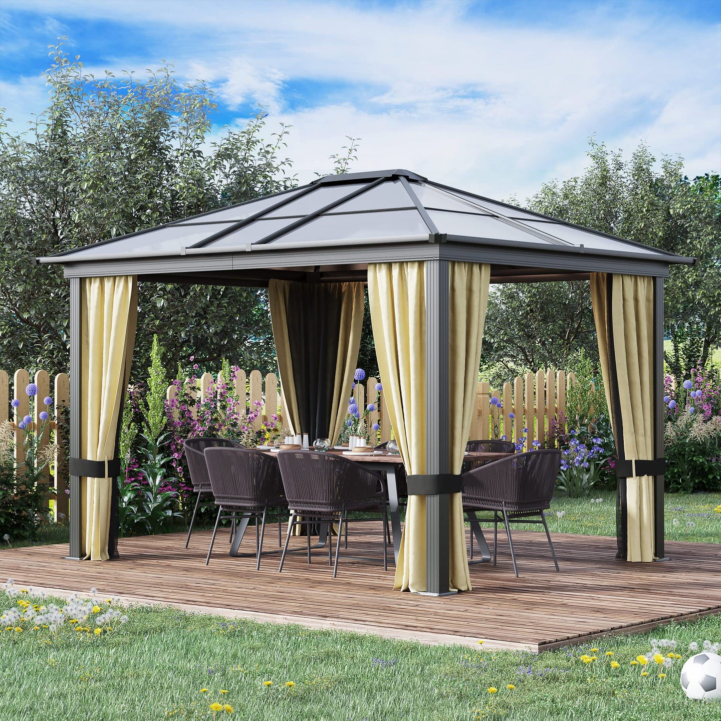 GOWE 10' x 12' Hardtop Gazebo Canopy with Polycarbonate Roof, Aluminum Frame, Permanent Pavilion Outdoor Gazebo with Netting and Curtains for Patio, Garden, Backyard, Lawn, Deck