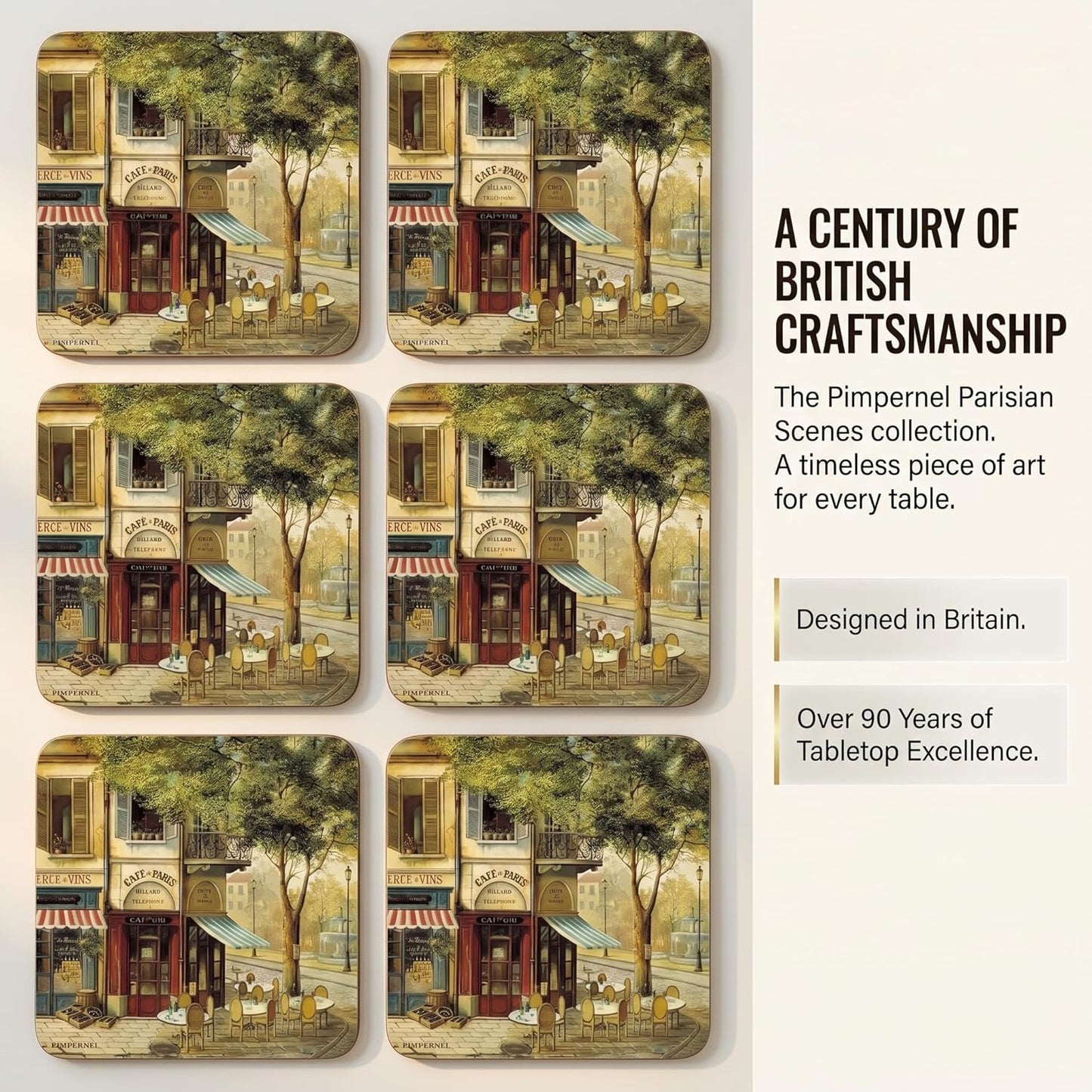 Set 4 4" Pimpernel Parisian Scenes Coasters, of Elegant Cork-Backed Boards Featuring Classic Paris Art Prints, Heat
