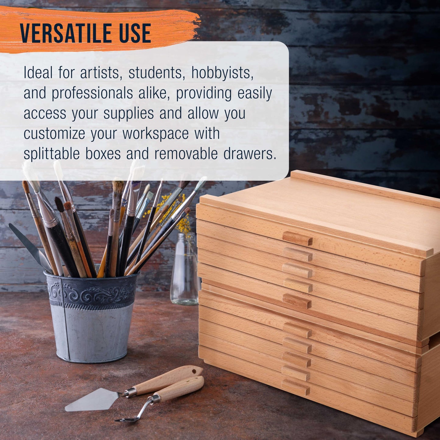 U.S. Art Supply 10-Drawer Artist Tool Supply Box with 5 Compartments per Drawer - Hardwood Art Box for Artist Supplies, Brushes, Pencils, Erasers, Tool Storage Organizer Case
