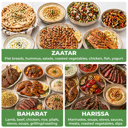 Spices of the Middle East – Zaatar, Baharat, Harissa – Arabic Seasonings in Decorative Box – Father’s Day Gift, Christmas, Mother’s, Premium Ingredients