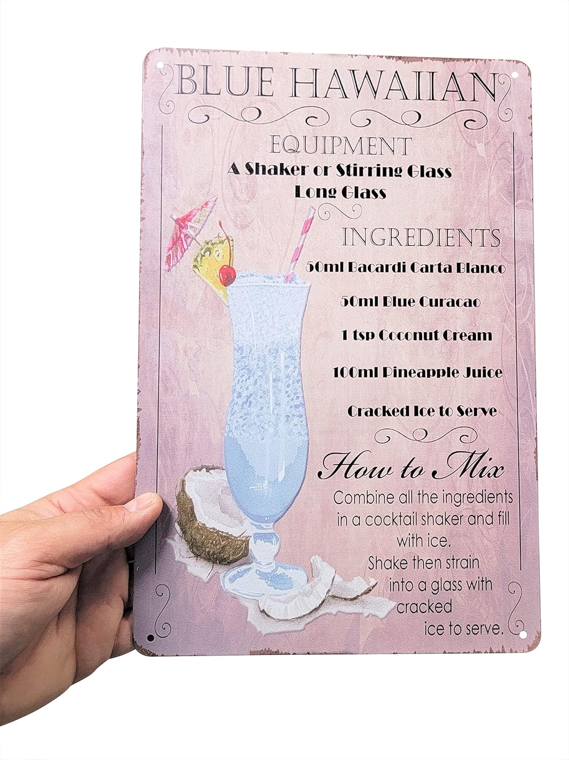 8" x 12" Popular Cocktails and Drink Mix Recipes Menu on Metal Tin Sign (Blue Hawaiian)