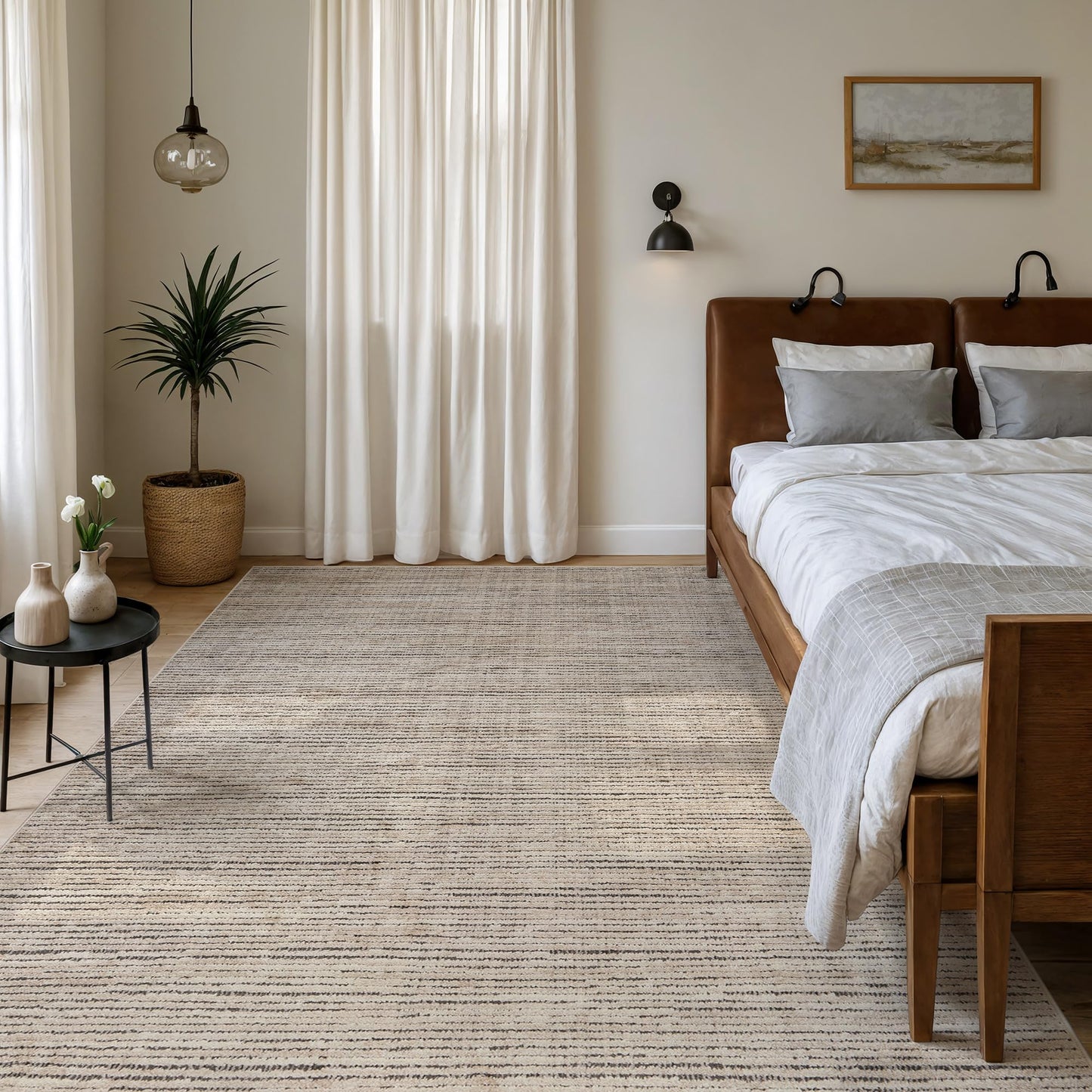 Rugshop Textured High-Low Indoor Area Rug, Neutral Stripe Design, Jute Backing, Living Room Bedroom Kitchen Rug, Easy-Care Spot Clean, 7'10" x 10' Beige/Gray