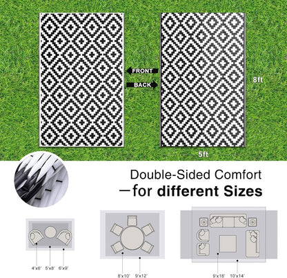 OLANLY Waterproof Outdoor Rug - Versatile 5x8 ft Plastic Straw Mat for Camping & Patio | Black & White