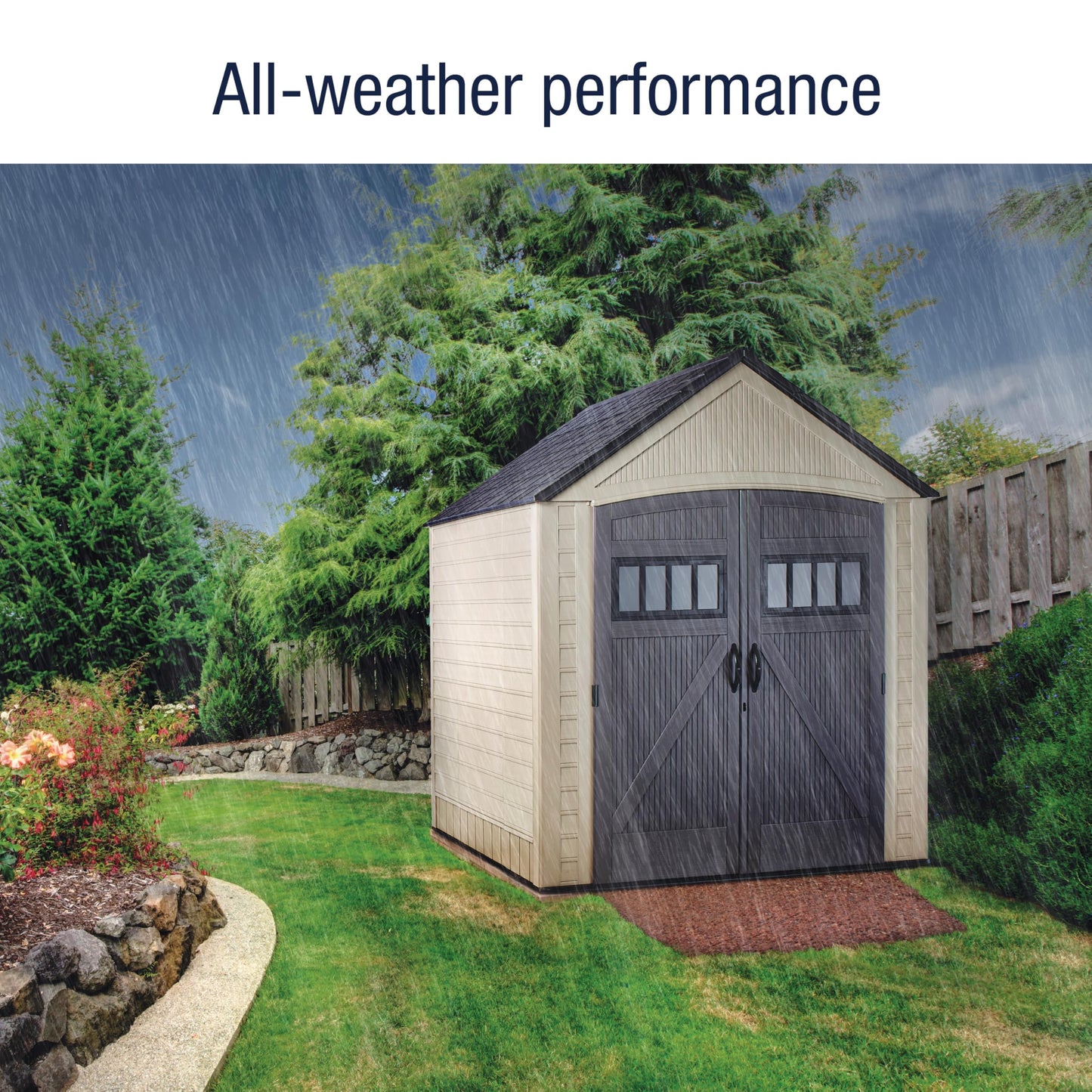 Rubbermaid Resin Outdoor Storage Shed with Floor (7 x 7 Ft) Weather Resistant, Brown Gable, Organization for Home/Backyard/Garden Tools/Lawn Mower/Bike Storage/Pool Supplies