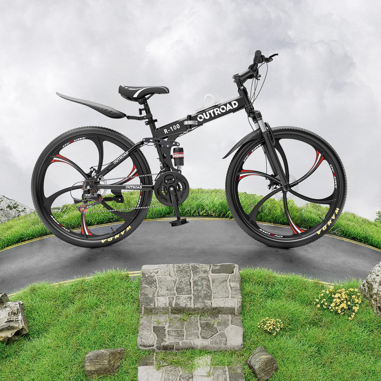 MarKnig 26 Inch Adult Folding Bikes/Mountain Bikes, 21 Speeds Mountain Bicycles with Full Suspension, Dual Disc Brake, High Carbon Steel Frame, Foldable Bike for Men/Women/Teen, LH-Black