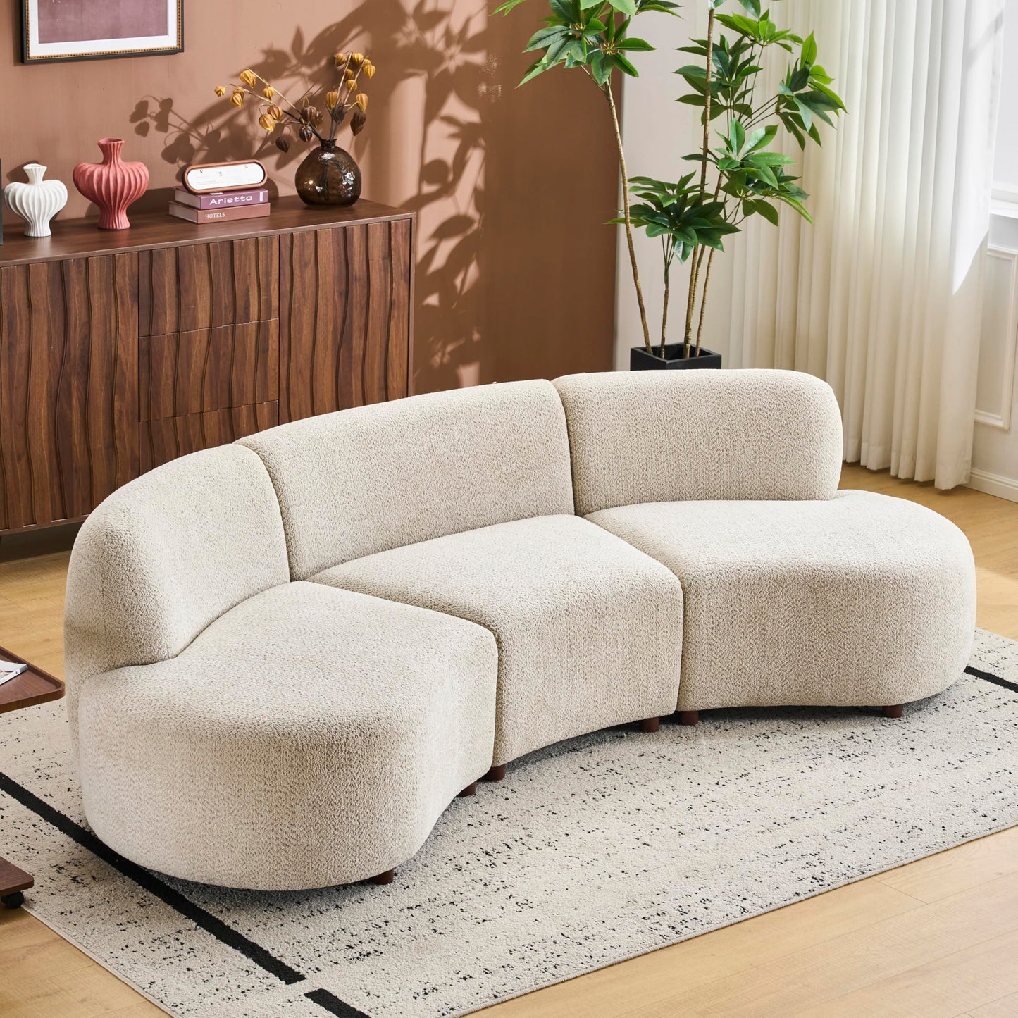 Merax 100.7" Curved Cloud Sectional Sofa Set, 5-Seat Modern Boucle Couch with Wooden Frame, Comfy Curved Cloud Couch for Living Room, Cozy Leisure Upholstered Couches, Easy Assembly, Beige