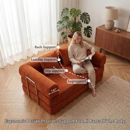 53.15"Boneless Couch,4-in-1 Futon Sofa Bed Modular Loveseat Sleeper Folding Compressed Couch with Pillows,No Assembly Required Convertible Sofa Bed for Living Room Bedroom Guest Room,Orange