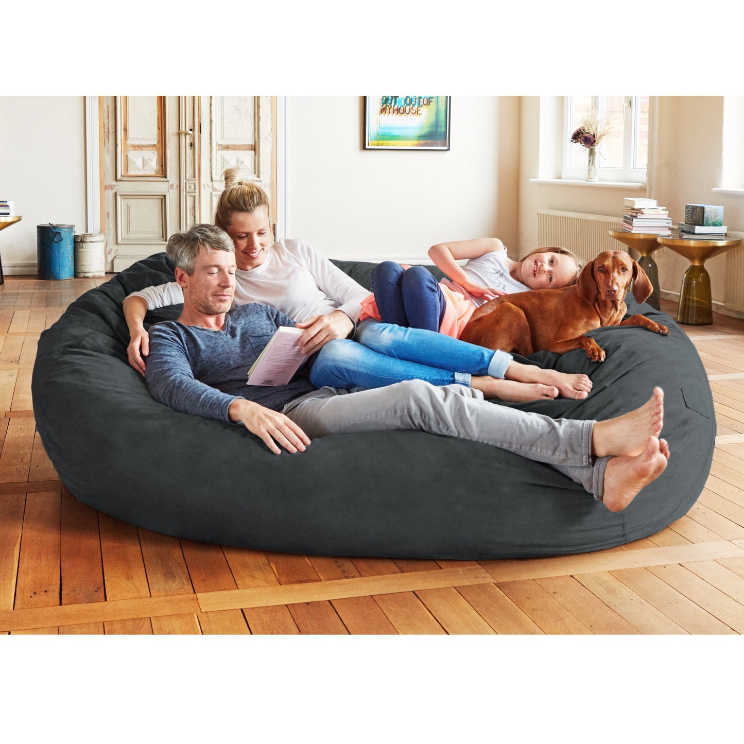 Lumaland Luxurious Giant 7ft Bean Bag Chair with Microsuede Cover - Ultra Soft, Foam Filling, Washable XXL Bean Bag Sofa for Kids, Teenagers, Adults - Sack Chair for Dorm, Family Room - Black