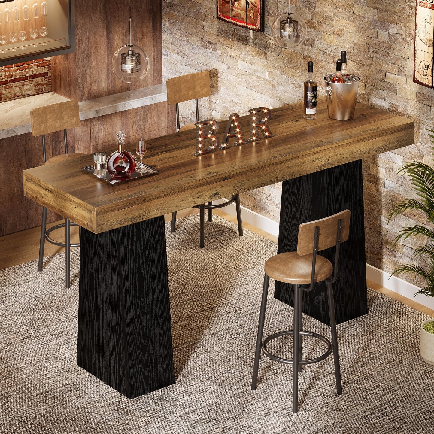 Tribesigns 63-Inch Bar Height Table, Wood Rustic Counter Height Table, Rectangular Home Bar with Thickened Tabletop and Sturdy Base for Kitchen, Dining Room, Living Room, Pub, Brown & Black (1)