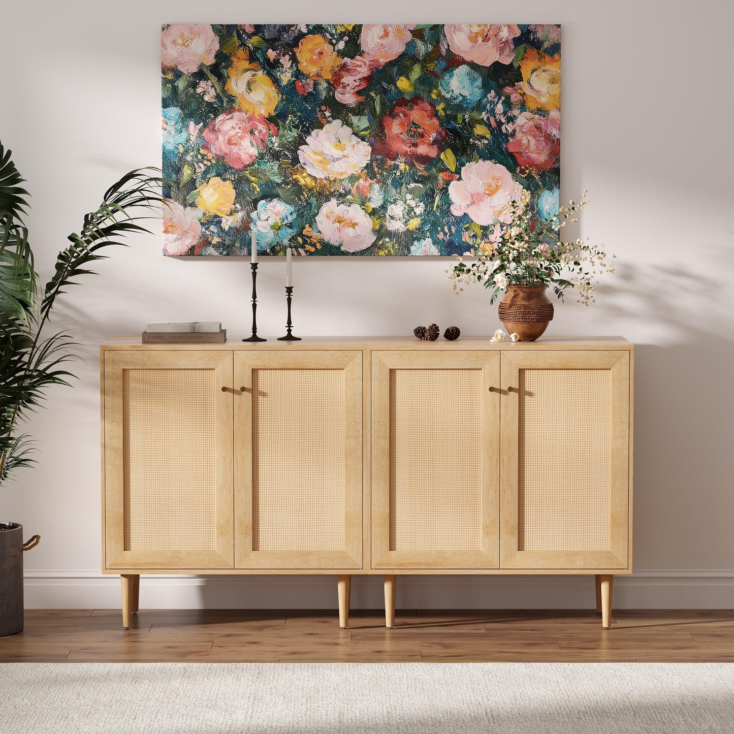MoomJiee Rattan Door Storage Cabinet with Adjustable Shelves, Set of 2 New Wood Buffet Cabinet with Magnetic Design, Large Buffet Sideboard for Kitchen Living Room, Natural Oak