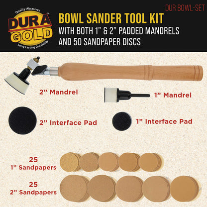 Dura-Gold Woodturning Bowl Sander Tool Kit - 1" & 2" Hook & Loop Backing Pads, 50 Sanding Discs (60 to 320 Grit), Dual Bearing, Hardwood Handle, 1/4" Mandrel, Sandpaper Woodworking