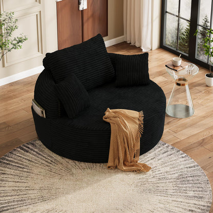 FAVSH 55" Oversized Round Chaise Lounge Chair Indoor, Upholstered Plush Deep Seat Circle Single Cloud Lounge Floor Sofa Chair with 4 Pillows with Side Pocket, Living Room, Bedroom Apartment, Black