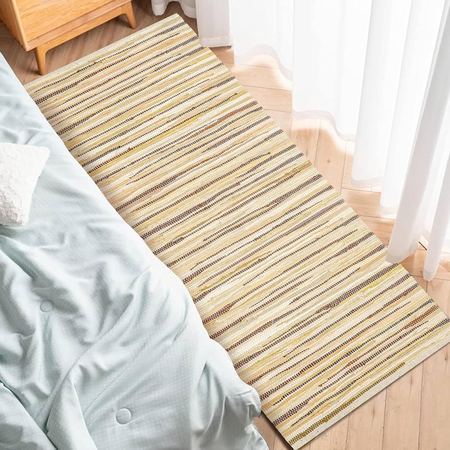 THE BEER VALLEY Cotton Rag Runner Rug, 2'x6' Beige Farmhouse Neutral Long Hallway Rugs for Kitchen Living Room