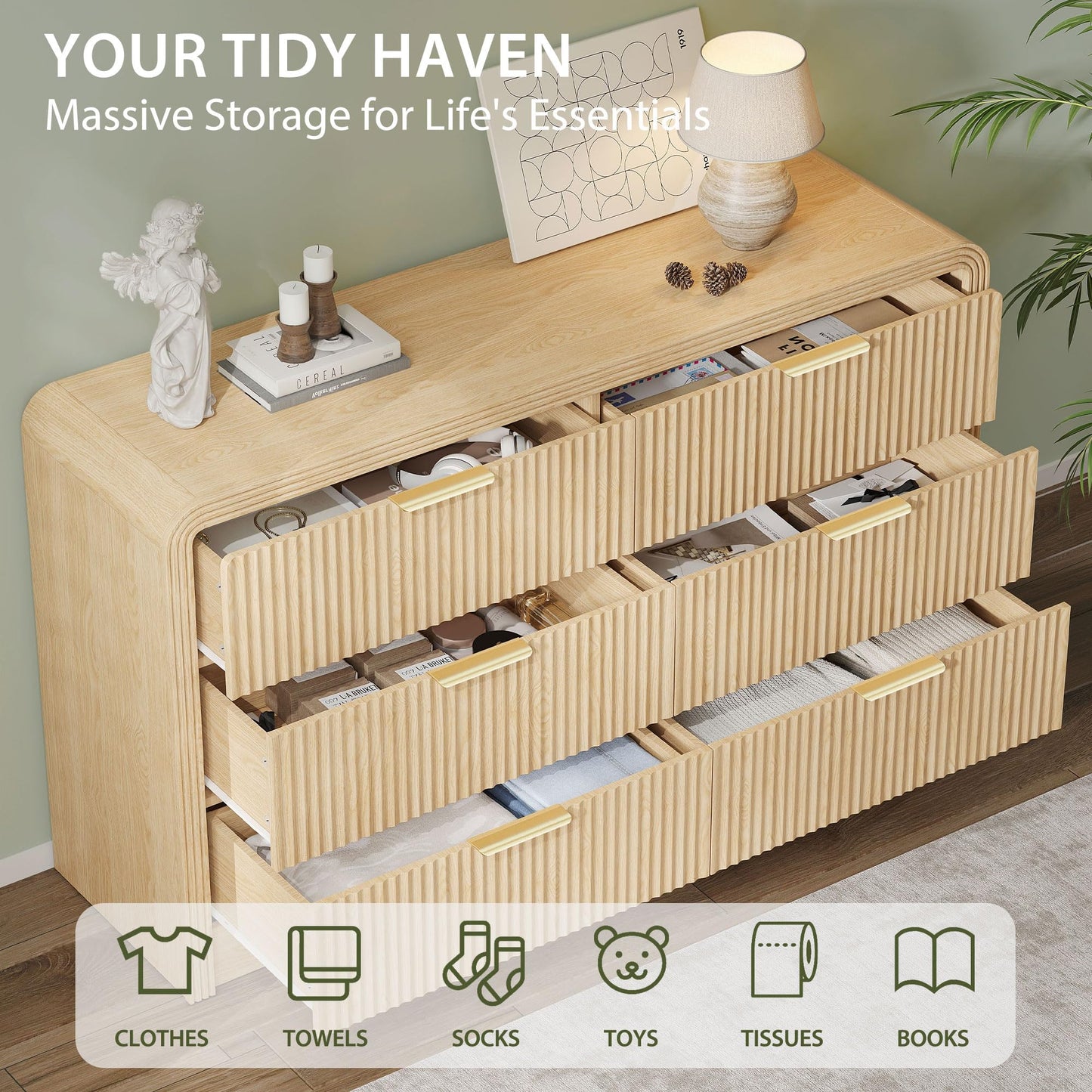Decofy Fluted Drawers Dresser for Bedroom, Wood Dressers with Gold Handles, Modern Dressers with Wave Texture, Large Storage Chest of Drawers, Bedroom Dresser Organizer 55'' & 6 Drawers (Natural Oak)