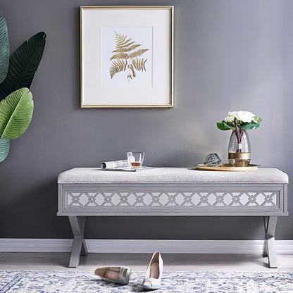 Leick Home 10142-SV Mirrored Diamond Filigree X Base Lift Top Bench with Storage for Bedroom or Foyer, Silver Leaf
