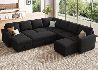 HONBAY Modular Sectional Sleeper Sofa with Pull Out Couch, Oversized U Shaped Sleeper Pull Out Bed with Storage Sectional Couches for Living Room - Black