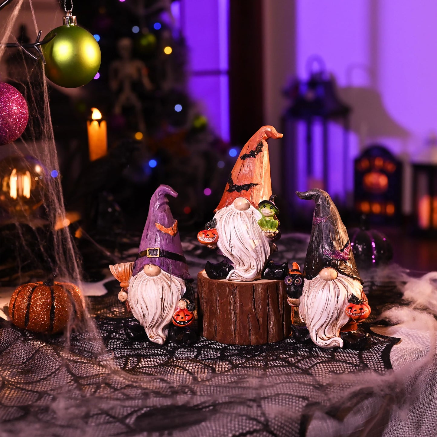 Valery Madelyn Gnomes Halloween Decorations Indoor, 3 Pcs Resin Gnome Decor for Home with Bat Witch Hat, Halloween Figurines Elf Dwarf with Broom Jack O Lantern for Table Tiered Tray Outdoor, 6.1"