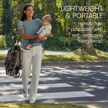 Britax Juniper+ Compact Stroller, Portable & Lightweight On-The-Go Stroller with Fastpack & One-Hand RapidFold, Infant Car Seat Compatible, Built-in Carry Strap, Ventilating Fabrics — Teak