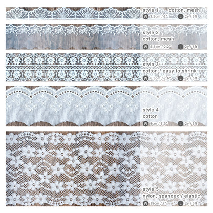 5 Packs Embroidery Lace Trim Premium White Sewing Lace Ribbon Scalloped Cotton Lace Decorative Crochet Trimming 2 Yards x 5 Designs for DIY Sewing Crafting Wrapping Wedding Scrapbooking (Baby)
