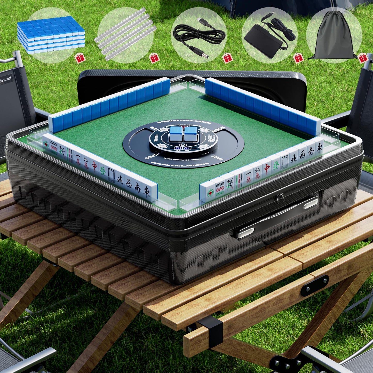 PYY Portable Automatic Mahjong Table - Foldable Tabletop Design, 166 Magnetic Mini Mahjong Tiles (Incl. 8 Dragons, 4 Blanks, 10 Jokers), Supports American & Chinese Styles, for Outdoor & Home Fun