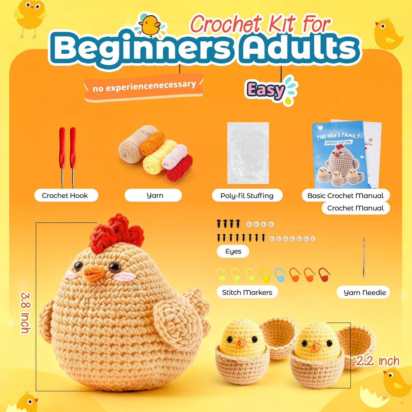 Joyclub Crochet Kit for Beginners 4 Pcs Chicken Family Amigurumi Crochet Starter Kits with Step-by-Step Video Tutorials DIY Craft Gift for Adults Kitting Lovers Mother Teacher Student