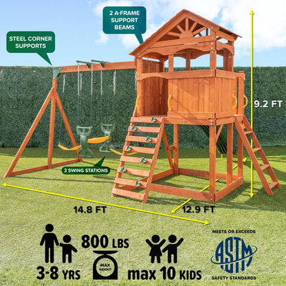 Sportspower 8-in-1 Blue Ridge Wooden Swing Set with Roofed Clubhouse & Balcony, 2 Belt Swings, 2-Person Roman Glider, 8ft Slide, Sandbox & Rock Climber, Anchor Kit Included