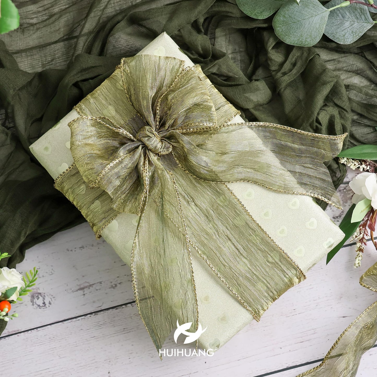 HUIHUANG Moss Green Wired Ribbon 2.5 inch Green Crinkled Silk with Gold Metallic Christmas Ribbon for Wreath Supplies Wedding Holiday Christmas Tree Decor Swags Gift Wrapping -10 Yards