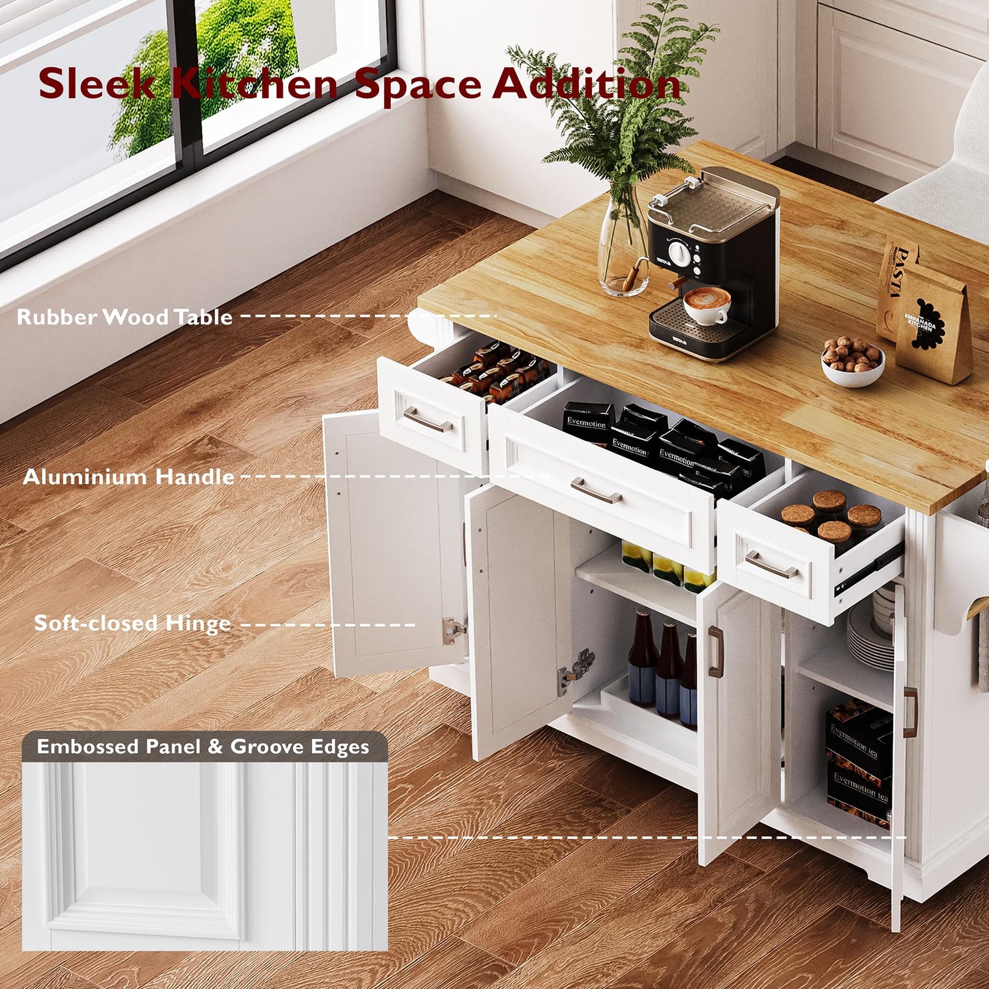 Ball & Cast Modern Large Kitchen Island with Rubber Wood Drop Leaf, Embossed Texture Rolling Cart on 4 Wheels W/4 Doors & 3 Drawers, Mobile Storage Kitchen Islands W/Storage for Dining Room,White,54"