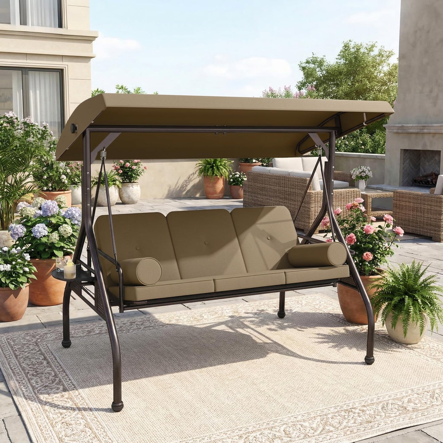 Patiomore 3 Seat Outdoor Porch Swing Chair, Adjustable Canopy Swing Bench, Convertible Backrest Swing Bed with Thicken Cushions, Pillow & Cup Hold (Beige)