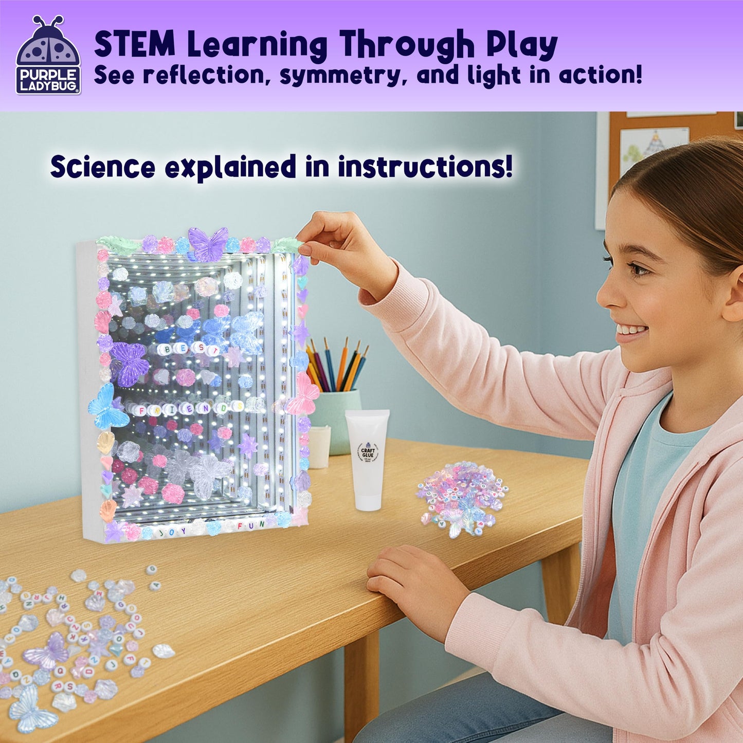 DIY Infinity Mirror Kit for Kids Age 6+ - Crafts for Girls 8-12 with Lights & Custom Letters - Creative10 Year Old Girl Birthday Gifts, Fun Gifts for 6 Year Old Girl, Creative Stem Toys for Ages 8-13