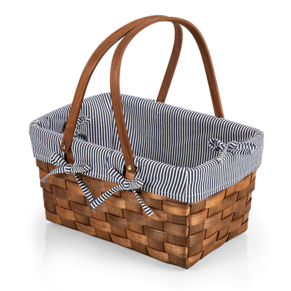 PICNIC TIME Kansas Handwoven Wood Picnic Basket, Sturdy Woven Wicker Basket with Tabletop Lid and Removable and Washable Polycotton Vintage-Style Liner, (Navy Blue & White Stripe)