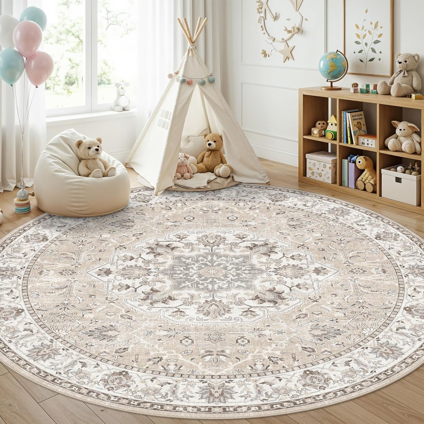 Skiennix Washable 8ft Round Area Rug - Soft, Non-Slip, Stain-Resistant Carpet for Living Room & Bedroom | Beige