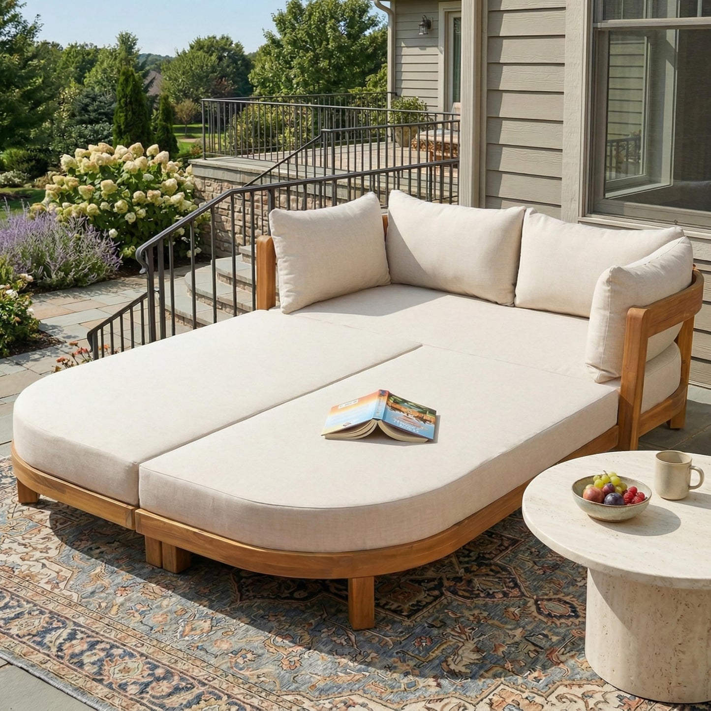 Christopher Knight Home Donovan Acacia Wood Outdoor Daybed with Cushion, Spacious Seating Lounge Sofa, Tub-Shaped Back Daybed, Curved Armrest Chaise Lounge Outdoor for Poolside Backyard, Teak+Beige