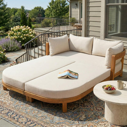 Christopher Knight Home Donovan Acacia Wood Outdoor Daybed with Cushion, Spacious Seating Lounge Sofa, Tub-Shaped Back Daybed, Curved Armrest Chaise Lounge Outdoor for Poolside Backyard, Teak+Beige