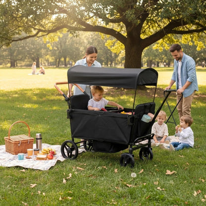 Voupou Stroller Wagon for 4 Kids Seated-Tandem Fold Stroller Push-Pull Lightweight Travel Trolley with 5-Point Harness,Adjustable Handle and Canopy,Mosquito Net,Footwells,Child Tray,Cup Holder,Storage