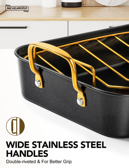 MICHELANGELO Roasting Pan with Rack, Carbon Steel Turkey Roasting Pan for Oven and Induction, Nonstick Turkey Roaster Pan with Stainless Steel Golden Rack & Golden Handle, 15 Inch x 11 Inch