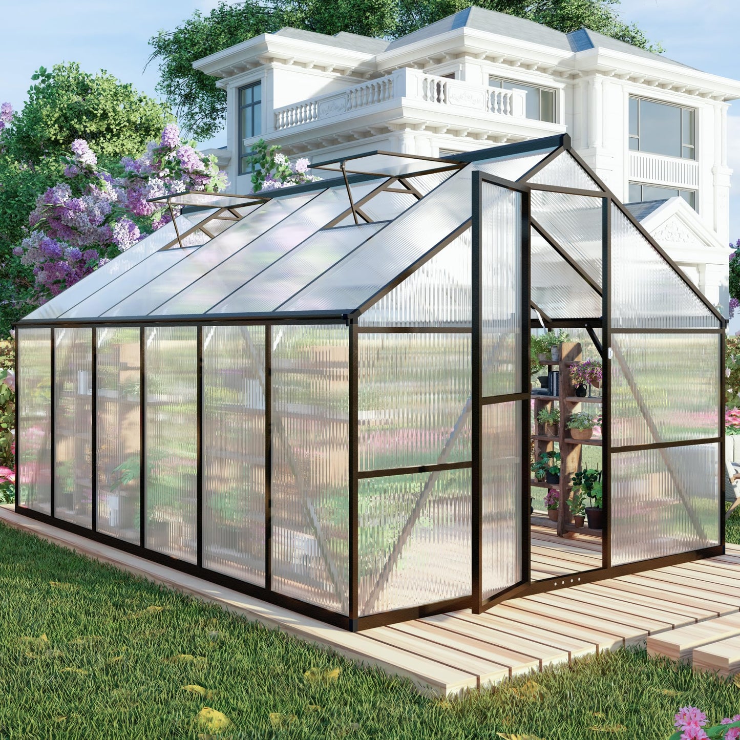 8x12 FT Greenhouses for Outdoors, Polycarbonate Greenhouse with PC Panels, Greenhouses for Outdoors for Yard, Garden, Hobby, Dark Gray