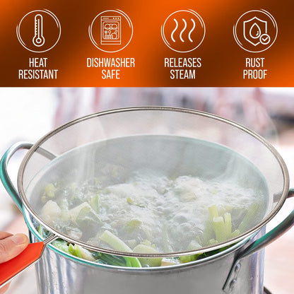 Roe & Moe Splatter Screens - Stainless Steel Splatter Screens for Frying Pan with Insulated Handles - Grease Splatter Guards For Frying Pan that Lets You Create Masterpieces with Ease (Pack of 3)