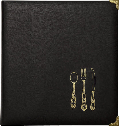 C.R. Gibson Black and Gold Faux Leather Recipe Book with Tabbed Dividers and Sheet Protectors, 11'' W x 11.88'' H