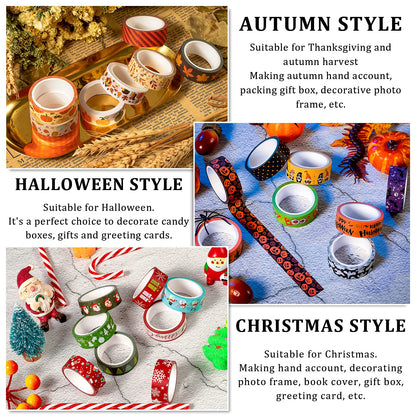 Whaline 24 Rolls Fall Halloween Christmas Washi Tape 3 Holidays Masking Tape Leaves Pumpkin Ghost Snowflake Santa Decorative Tapes for Thanksgiving Autumn Winter Xmas Scrapbook Journal DIY Art Craft