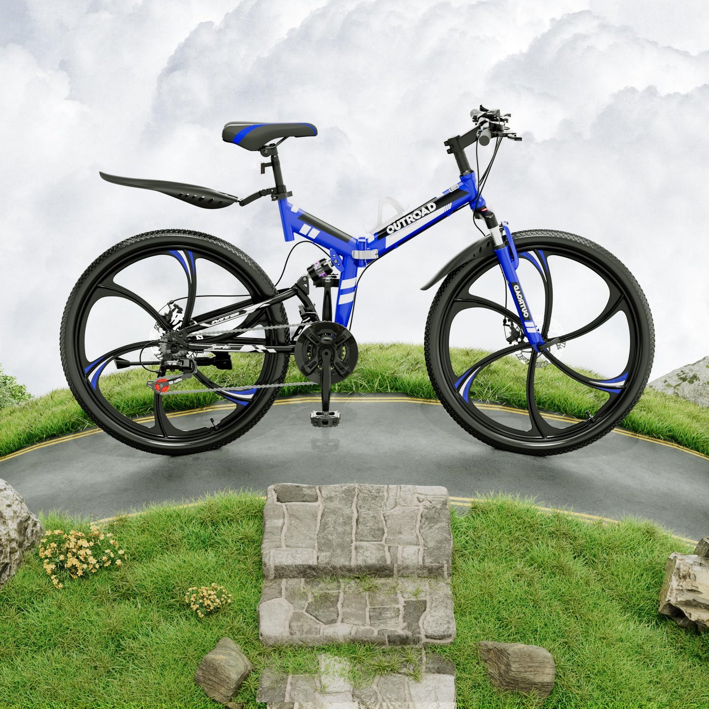 MarKnig 26 Inch Adult Folding Bikes/Mountain Bikes, 21 Speeds Mountain Bicycles with Full Suspension, Dual Disc Brake, High Carbon Steel Frame, Foldable Bike for Men/Women/Teen, Blue