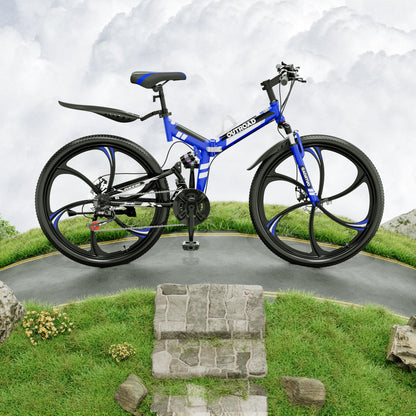 MarKnig 26 Inch Adult Folding Bikes/Mountain Bikes, 21 Speeds Mountain Bicycles with Full Suspension, Dual Disc Brake, High Carbon Steel Frame, Foldable Bike for Men/Women/Teen, Blue