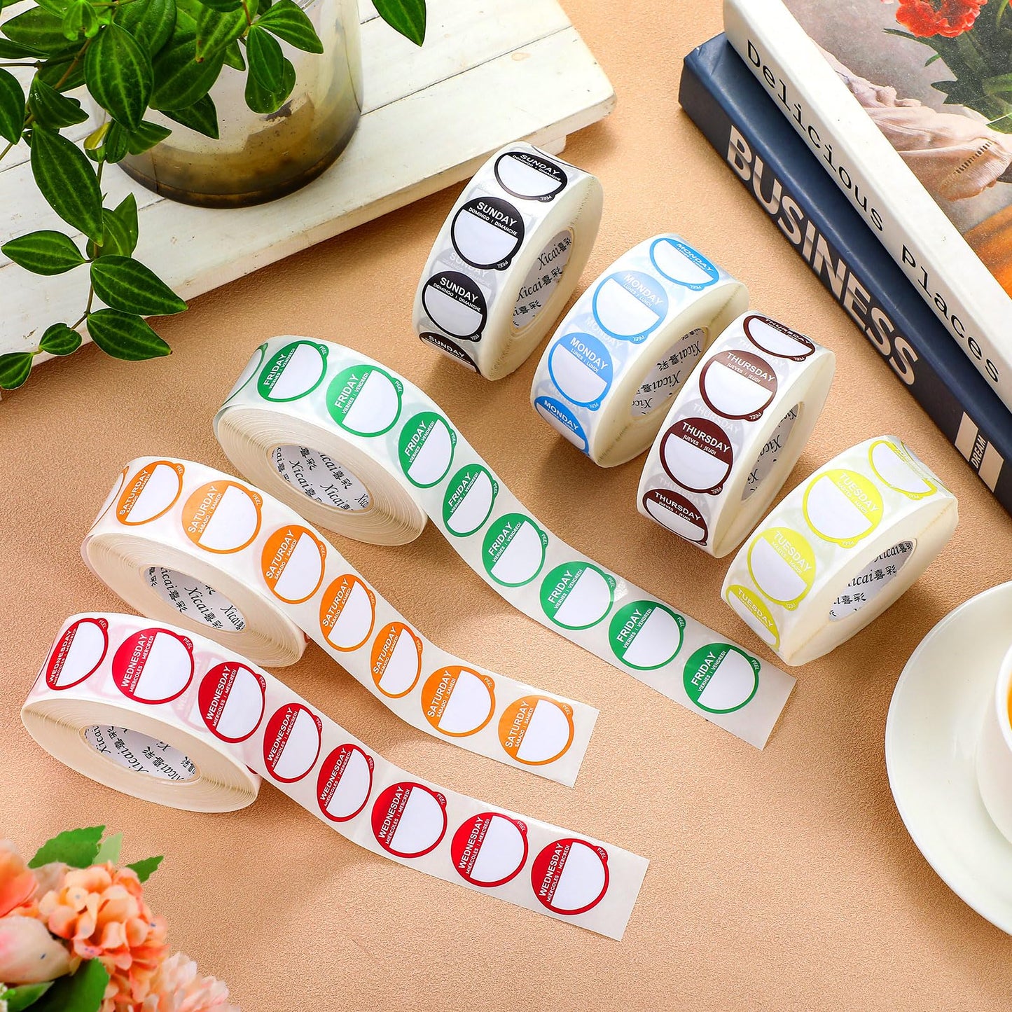 Sayglossy 7000 Pcs Day of Week Label Food Label Monday Through Sunday Management Inventory Sticker Removable Weekly Self Adhesive Date Dot Sticker for Restaurant Kitchen Container (Round)