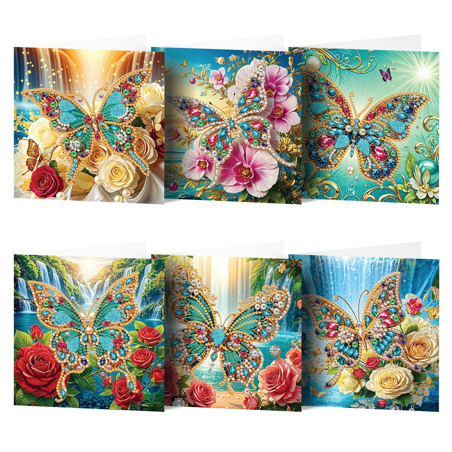 pigpigboss 6 Packs Butterfly Diamond Painting Greeting Cards, Flower Butterfly Diamond Art Birthday Card Kit, Sunrise Landscape Diamond Dots Greeting Cards Arts Crafts for Adult Holiday Blessing