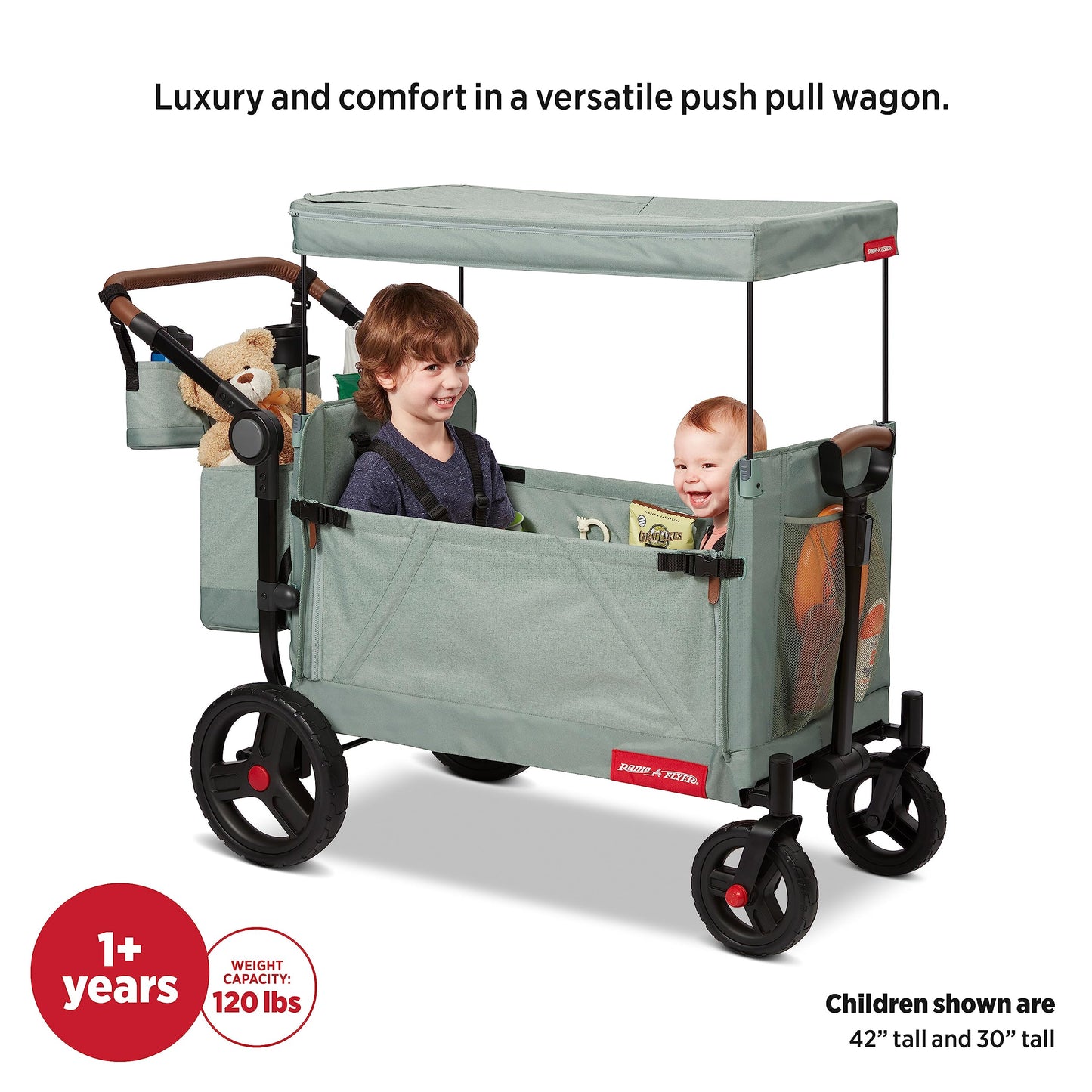 Radio Flyer Atlas Stroll 'N Wagon, Sage Green, for Ages 1+, 3-in-1 Push or Pull Versatility, One-Hand Fold, UV Canopy, 5-Point Harnesses, Storage Capabilities, Rubber Wheels, Stroller Wagon for Kids
