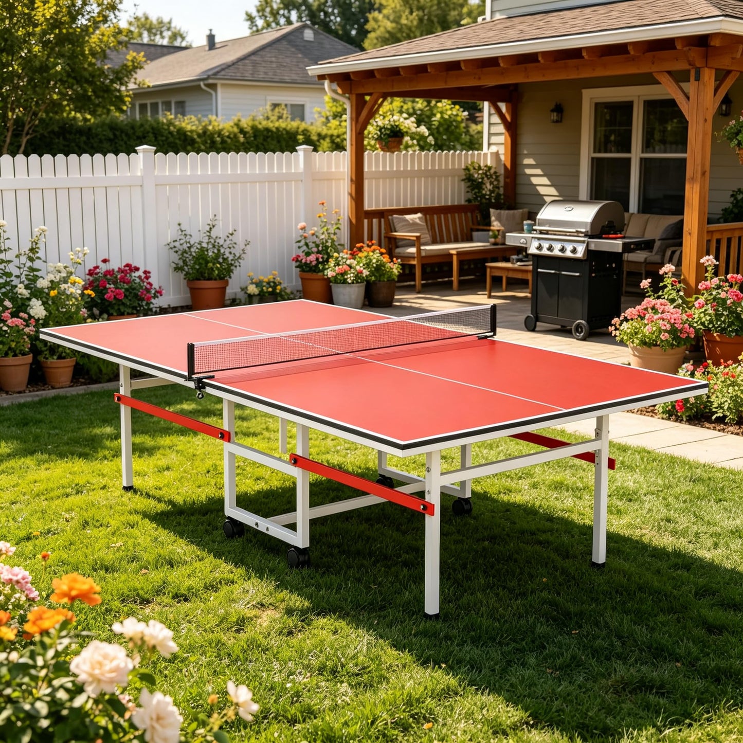 8FT Table Tennis Table with Net, Indoor/Outdoor Professional Ping Pong Table for Kids Adults, Folding Ping Pong Table, Complete Set with Paddles and Balls, School Playground Game Table (Red)