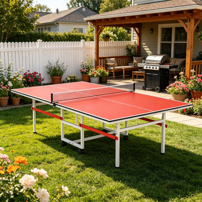 8FT Table Tennis Table with Net, Indoor/Outdoor Professional Ping Pong Table for Kids Adults, Folding Ping Pong Table, Complete Set with Paddles and Balls, School Playground Game Table (Red)