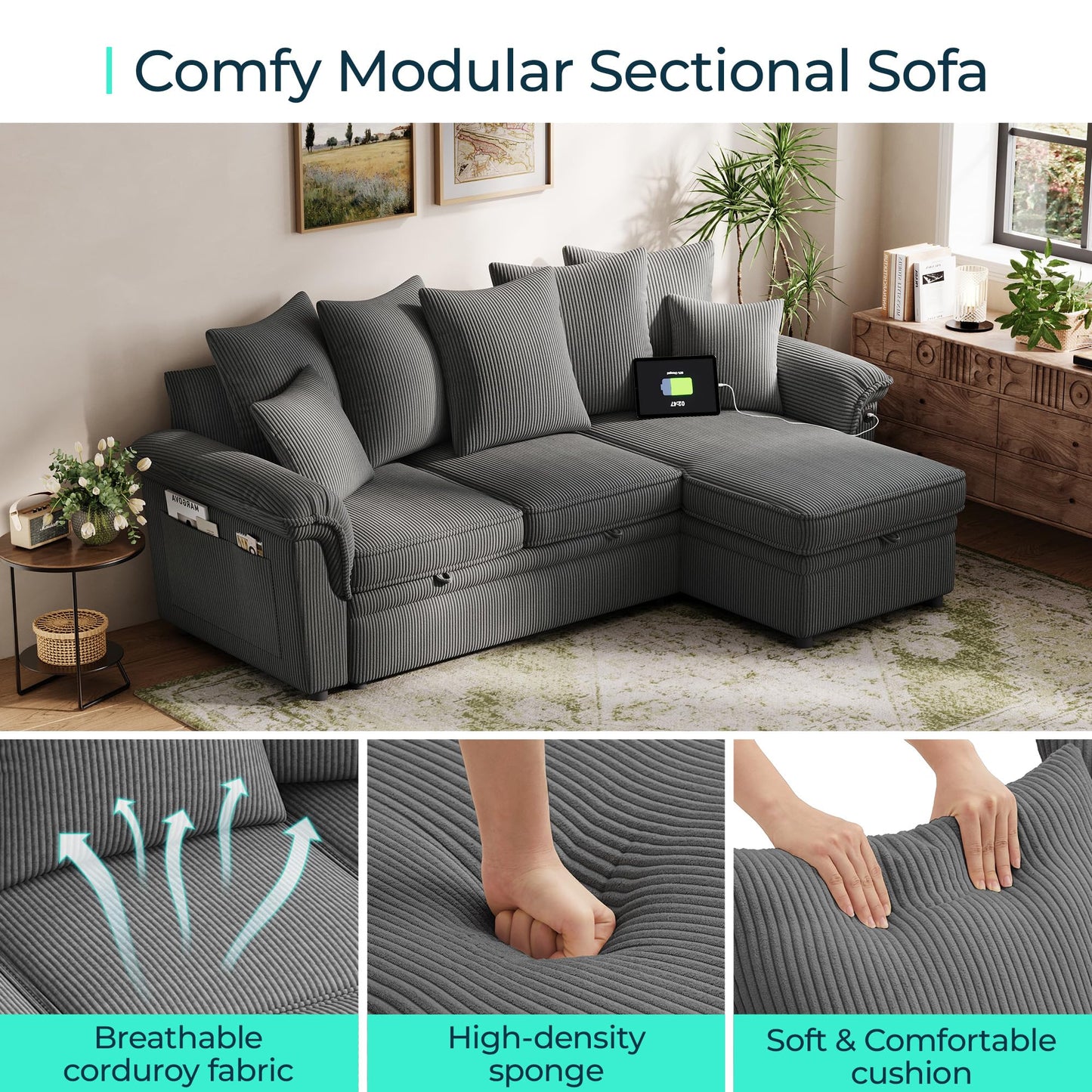 LINSY HOME 90.5'' Sectional Sleeper Sofa with Pull Out Couch Bed Modular (Gray, 90.5'')