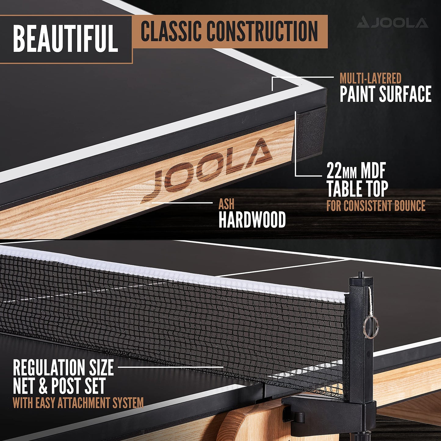 JOOLA Madeira Indoor Table Tennis Table - Wood & Steel Contemporary Design - Regulation Size High-End Ping Pong Table with Built in Racket & Ball Holders - Tournament Level Permanent Ping Pong Net