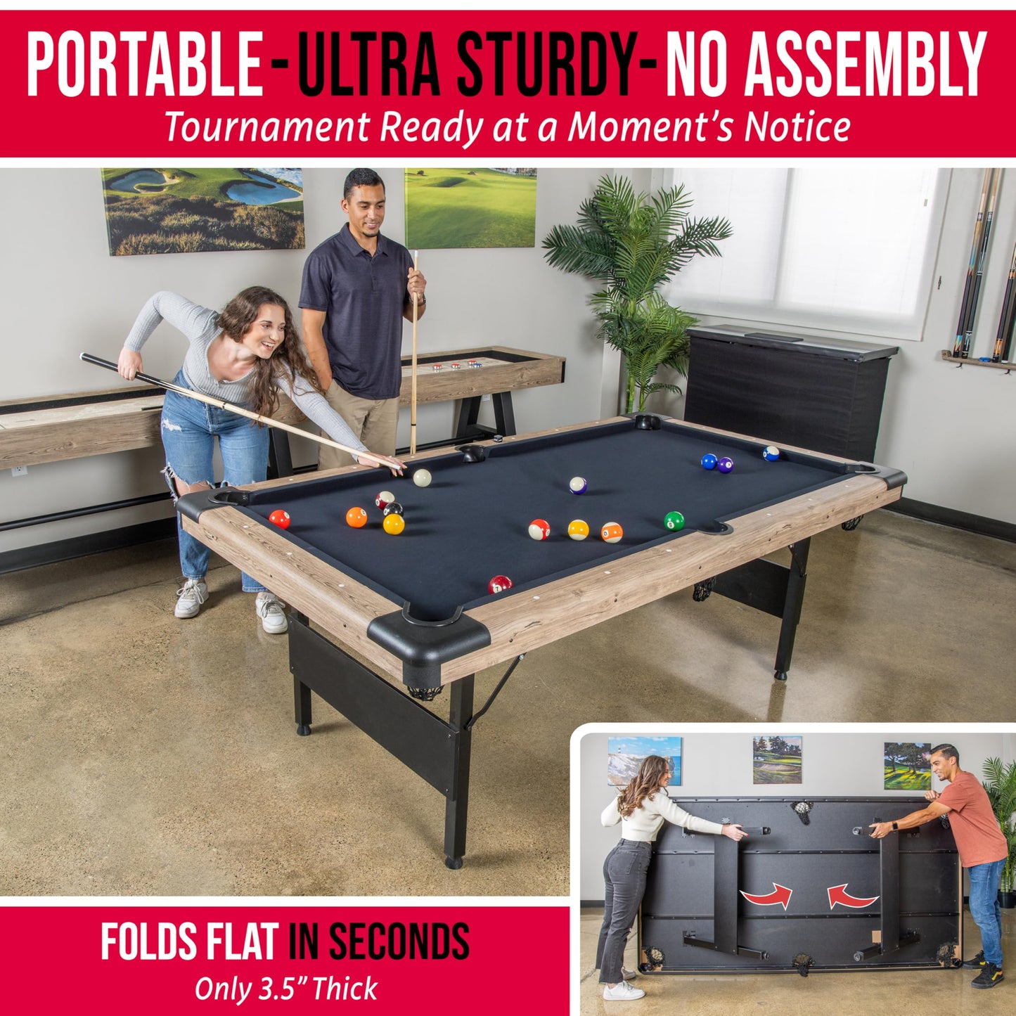 GoSports 7 ft Portable Pool Table - No Assembly Required Folding Billiard Table in Oak